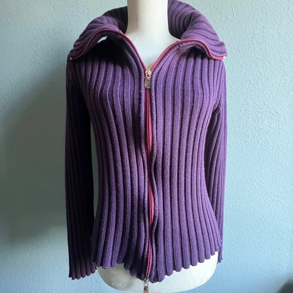 Purple Ribbed Zip Up Cardigan - Picture 2 of 11